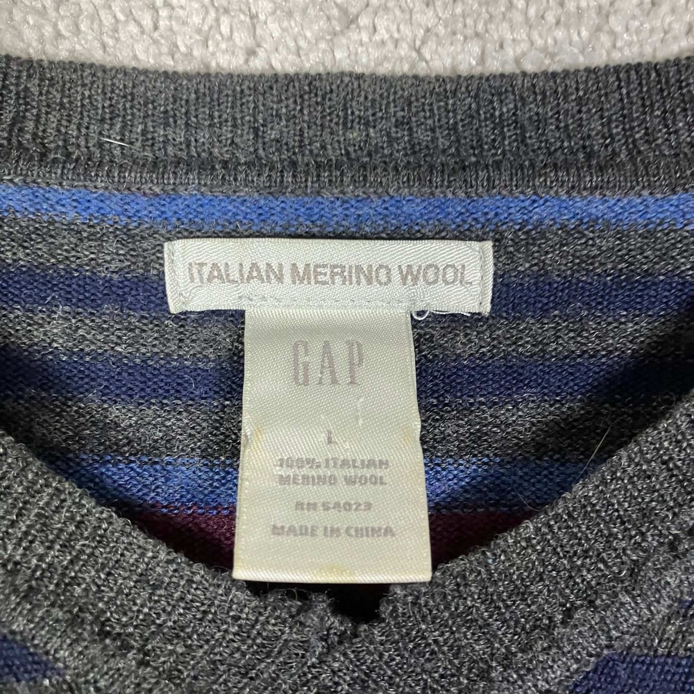VTG Gap V-Neck Sweater Mens L Gray Blue Maroon Striped Italian Merino Wool 90s - Picture 3 of 14